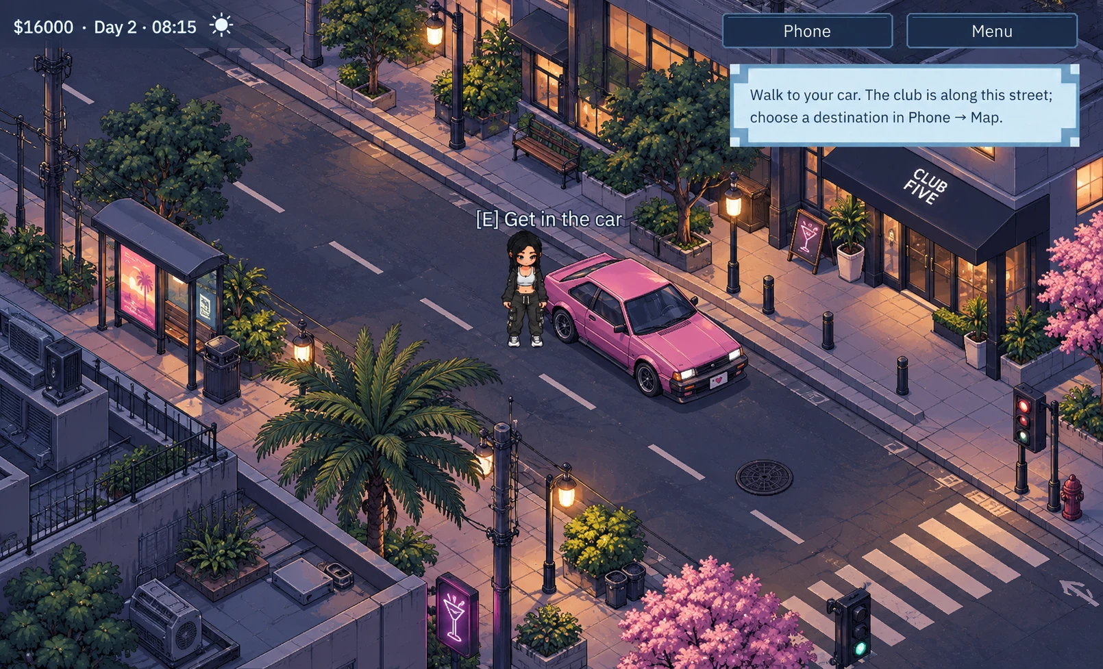 Pixel art street with a pink car